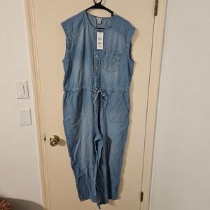 Jordache Womens Denim Boiler Suit Jumpsuit Light Enzyme Size XL 16-18 Sleeveless